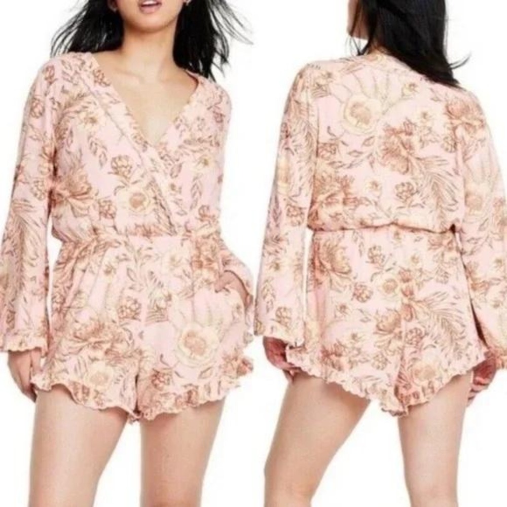 Aguabendita x Target Floral Romper Pink Long Sleeve with Ruffle Hem Size Large